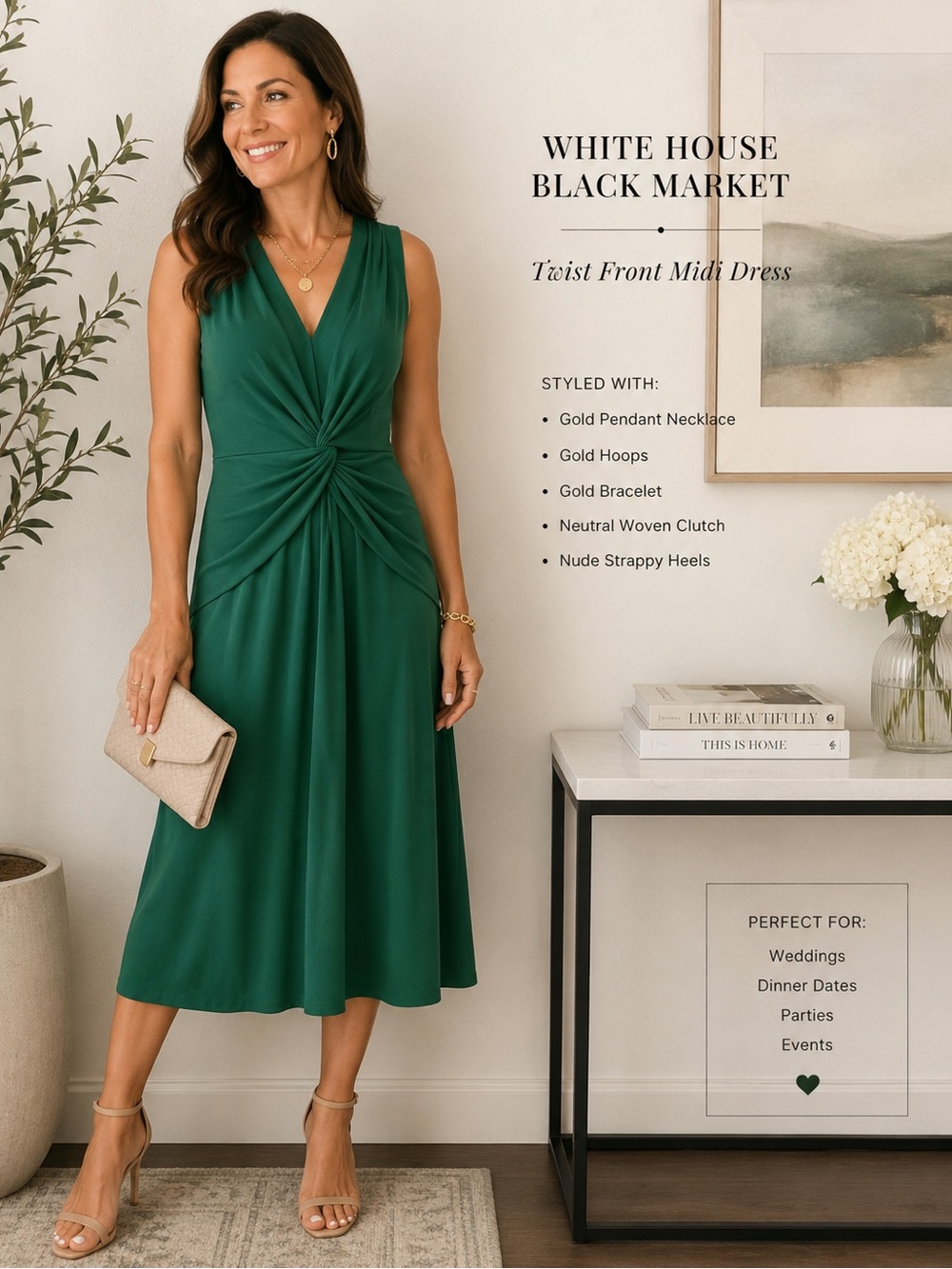 White House Black Market Emerald Twist-Front V-Neck Midi Dress